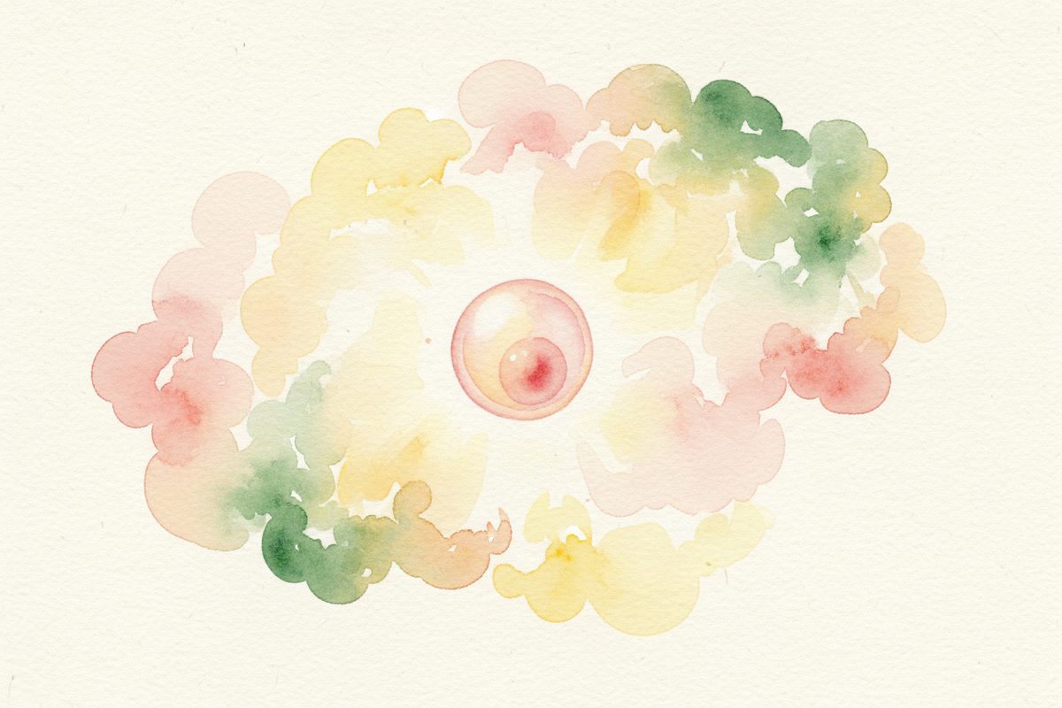 A warm watercolor illustration of a 2-week fetus