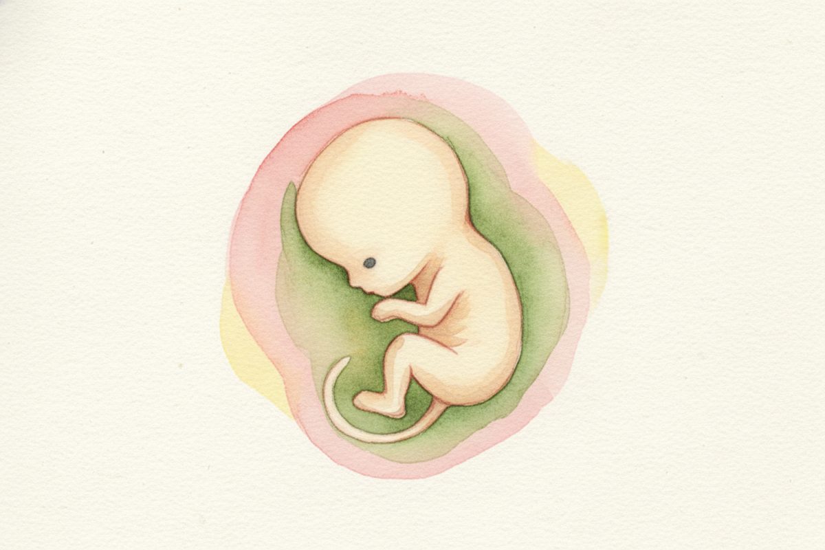 A warm watercolor illustration of a 6-week fetus