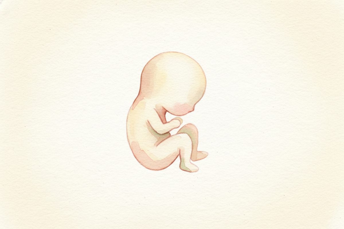 A warm watercolor illustration of a 7-week fetus
