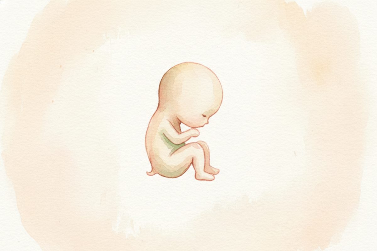 A warm watercolor illustration of a 9-week fetus