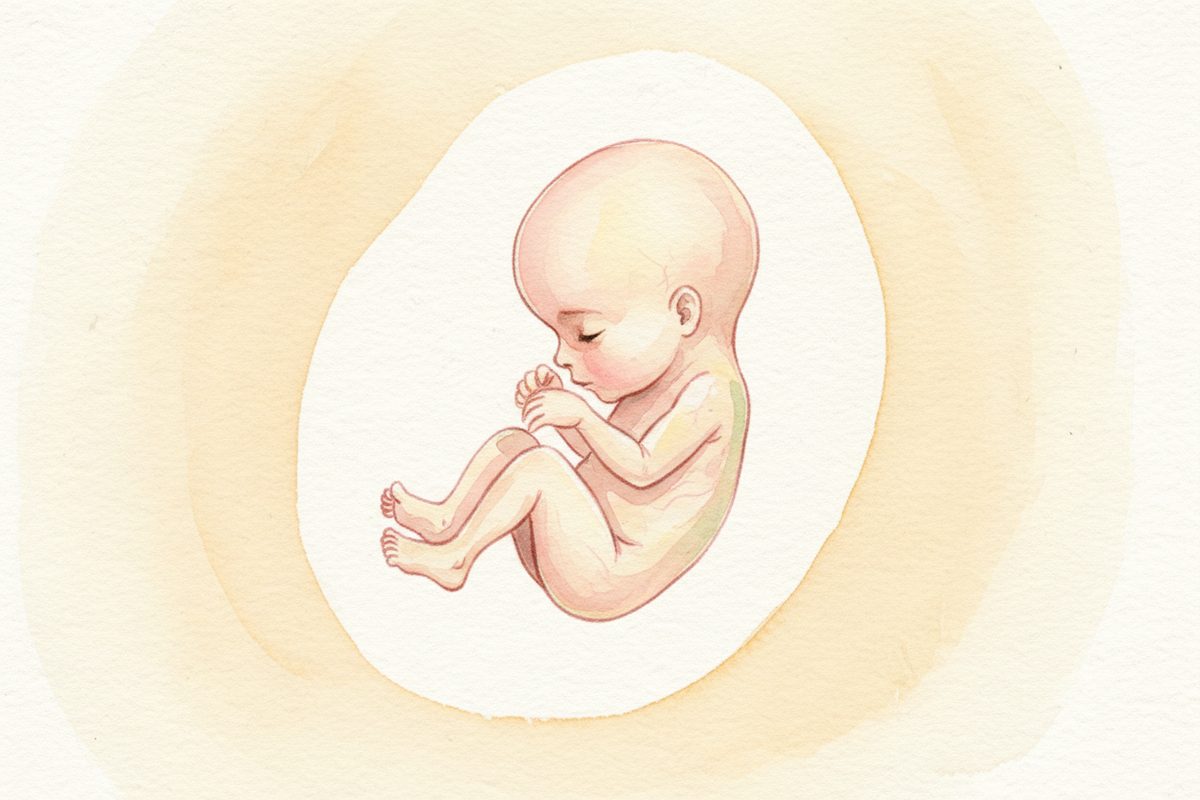 A warm watercolor illustration of a 10-week fetus