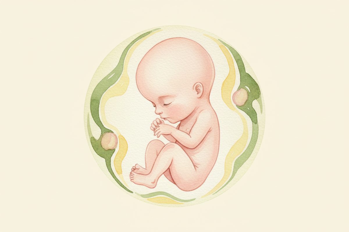 A warm watercolor illustration of a 11-week fetus