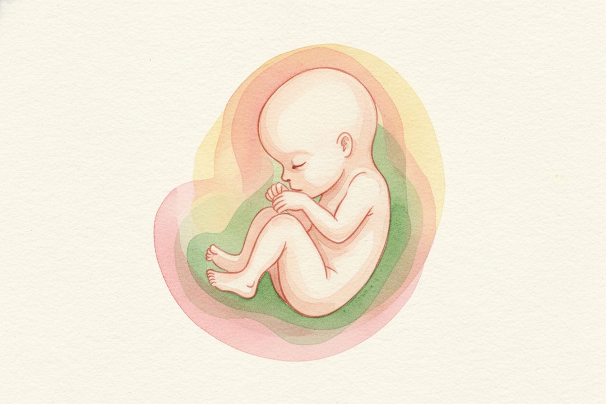 A warm watercolor illustration of a 12-week fetus
