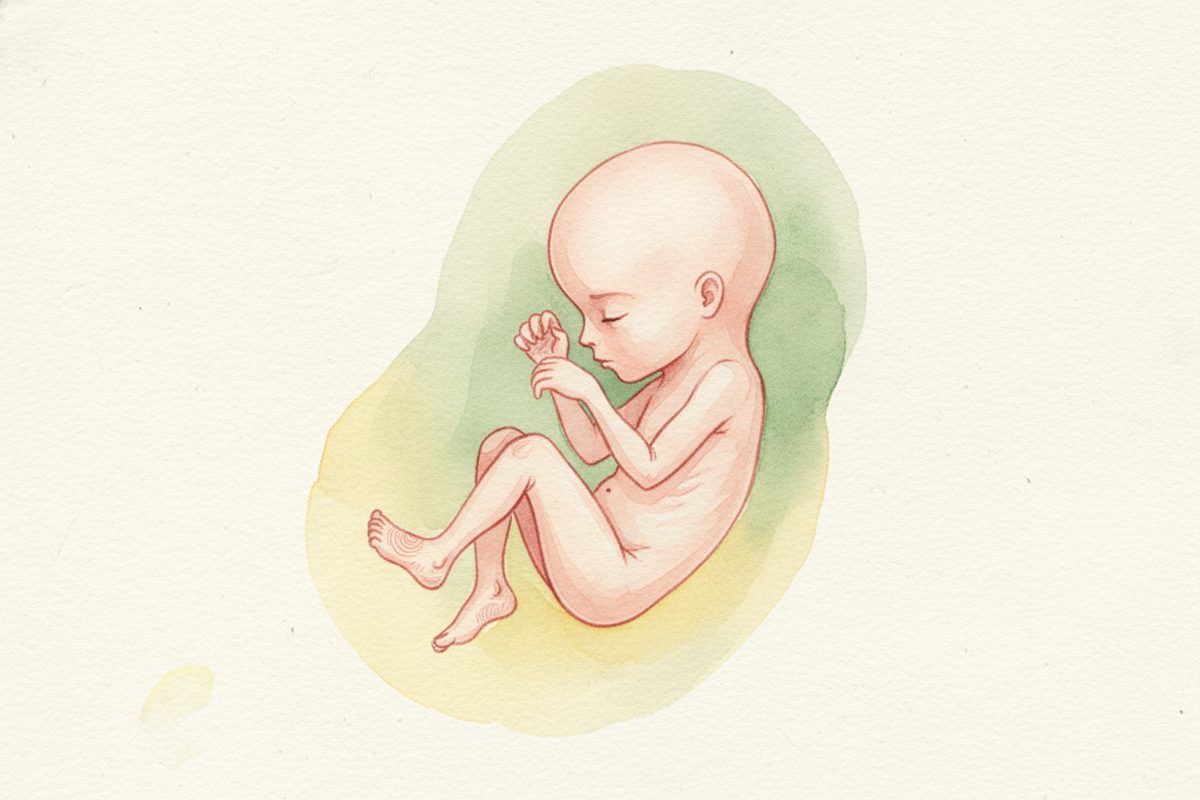 A warm watercolor illustration of a 13-week fetus