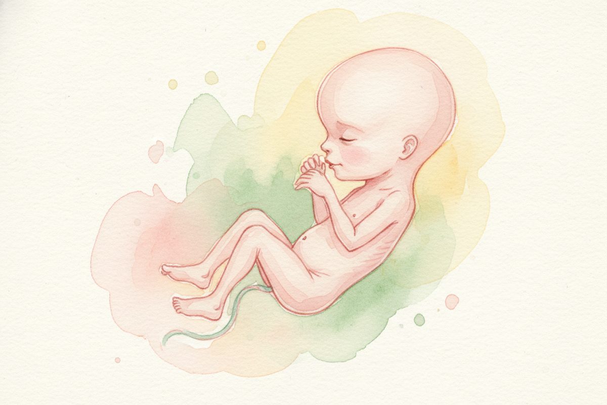 A warm watercolor illustration of a 14-week fetus