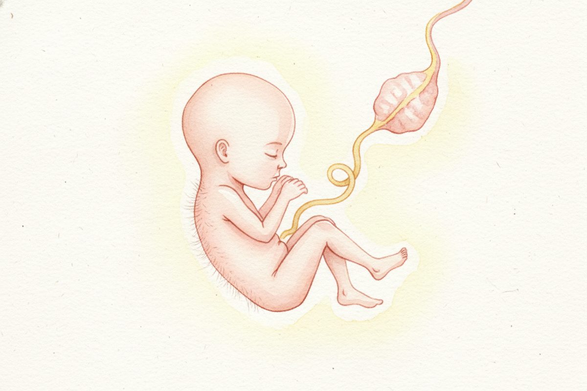 A warm watercolor illustration of a 15-week fetus