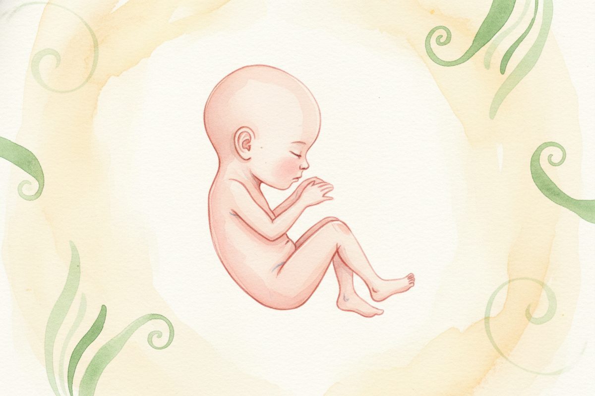 A warm watercolor illustration of a 16-week fetus