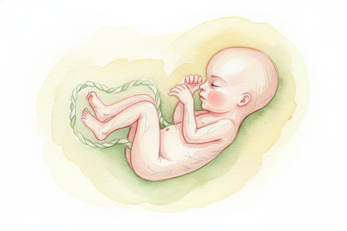 A warm watercolor illustration of a 17-week fetus