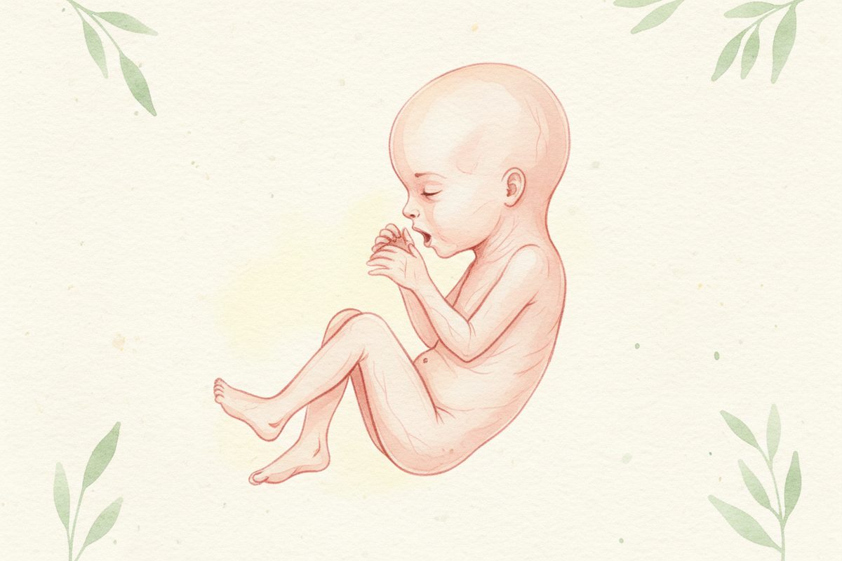 A warm watercolor illustration of a 18-week fetus