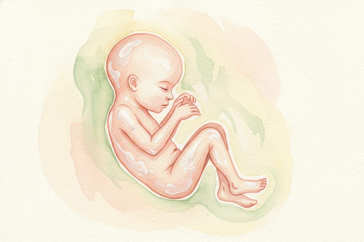 A warm watercolor illustration of a 19-week fetus