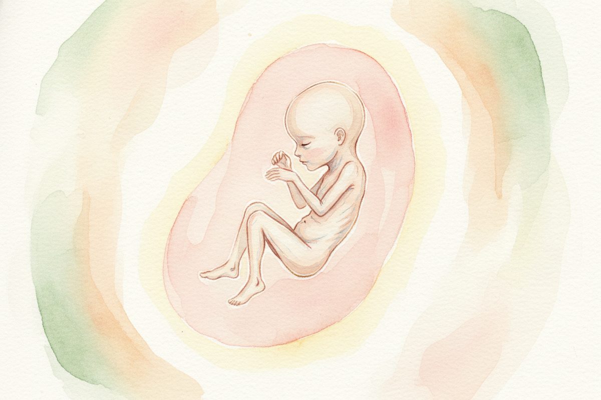 A warm watercolor illustration of a 20-week fetus