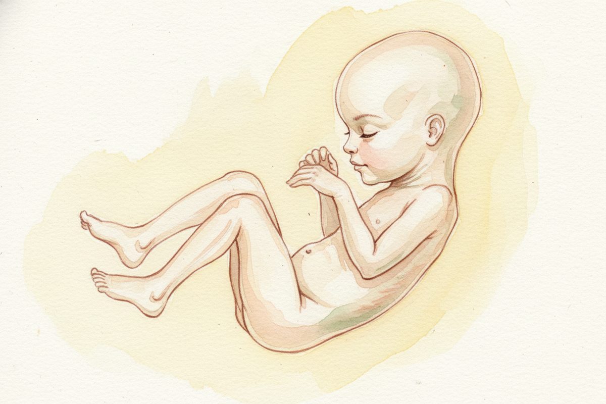 A warm watercolor illustration of a 21-week fetus