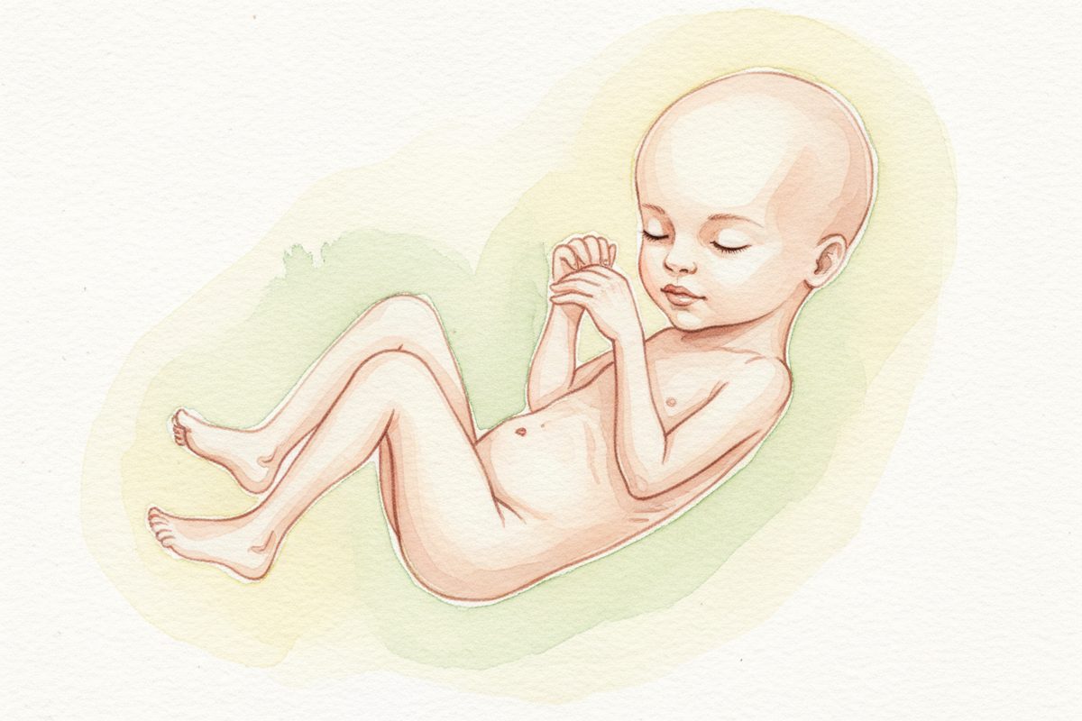 A warm watercolor illustration of a 22-week fetus