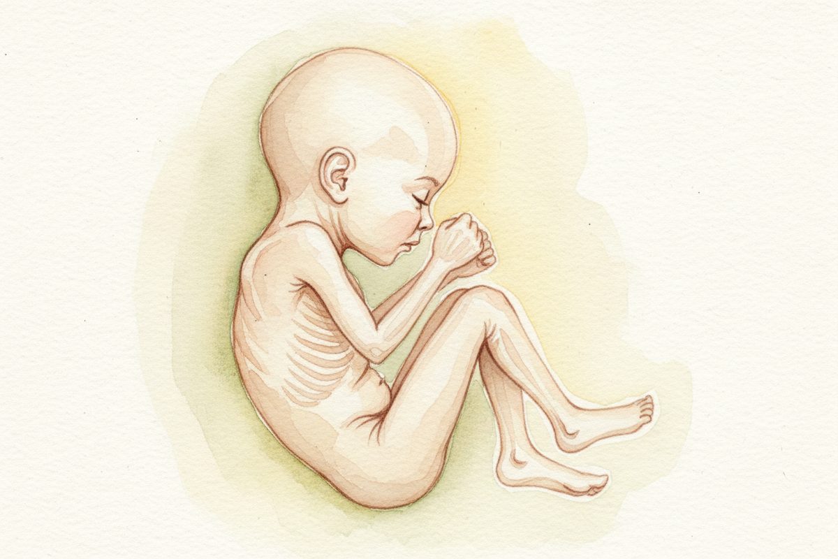 A warm watercolor illustration of a 23-week fetus