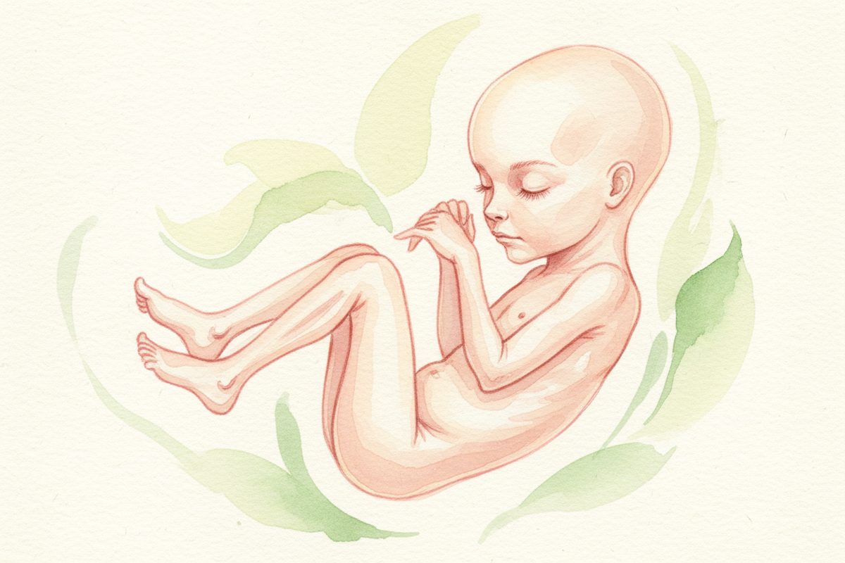 A warm watercolor illustration of a 26-week fetus