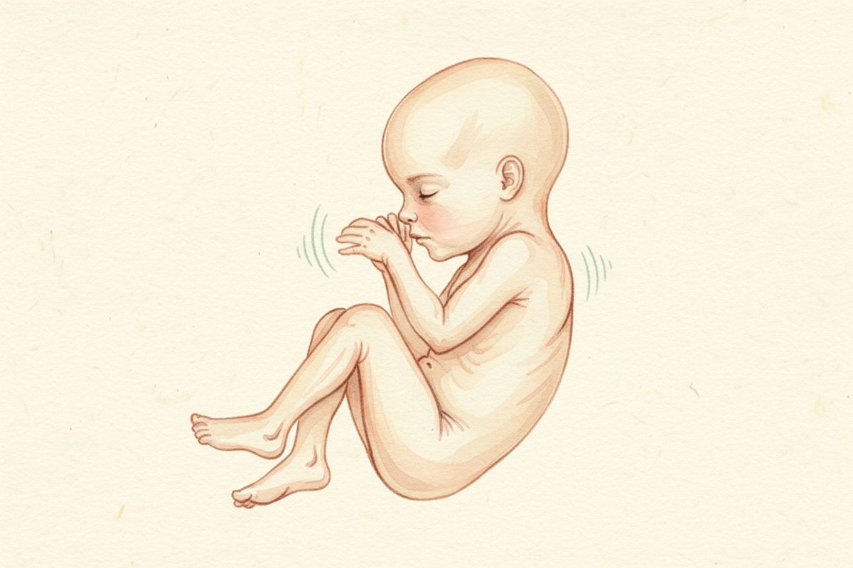 A warm watercolor illustration of a 27-week fetus
