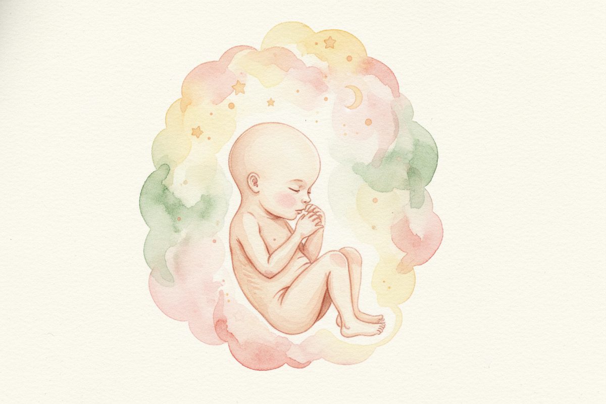 A warm watercolor illustration of a 28-week fetus