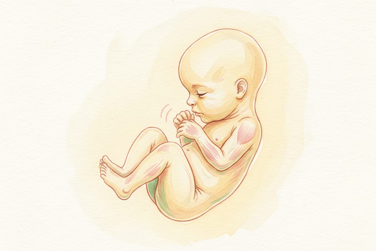 A warm watercolor illustration of a 29-week fetus