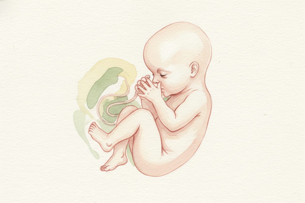 A warm watercolor illustration of a 32-week fetus