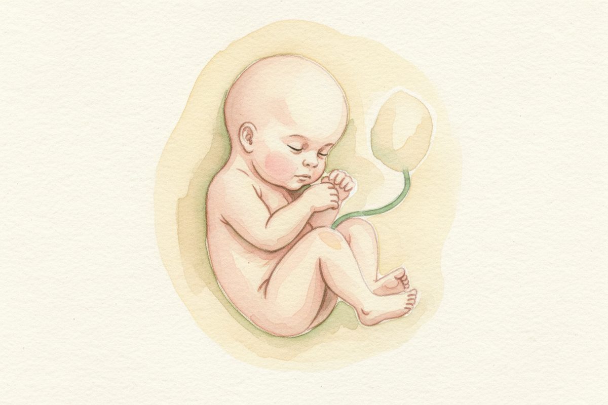 A warm watercolor illustration of a 33-week fetus