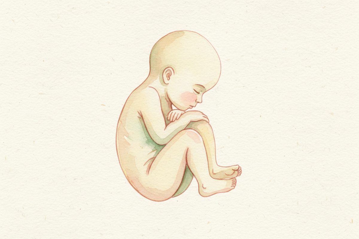 A warm watercolor illustration of a 34-week fetus