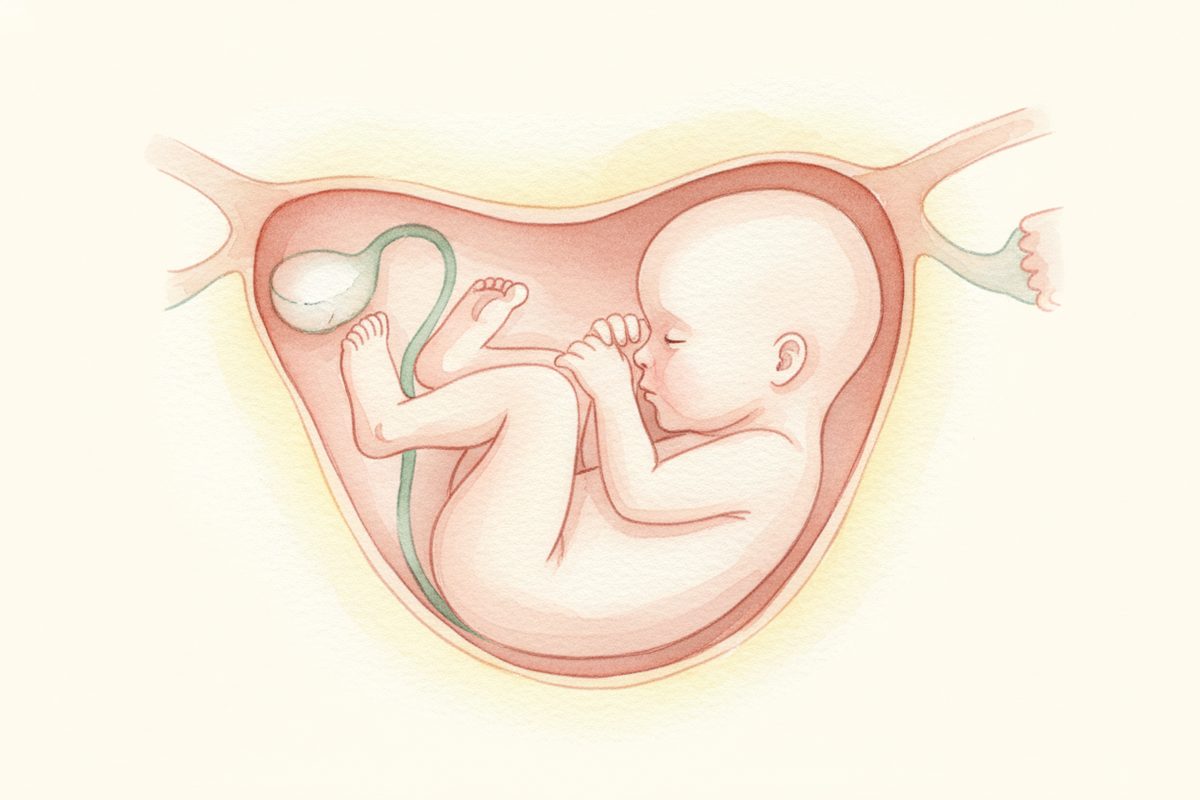 A warm watercolor illustration of a 36-week fetus