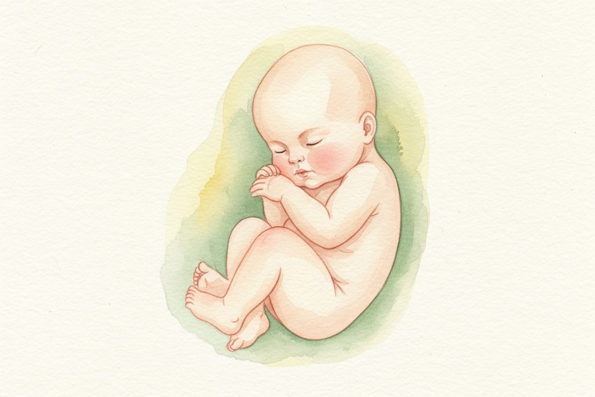 A warm watercolor illustration of a 37-week fetus