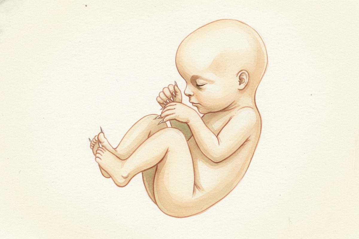 A warm watercolor illustration of a 38-week fetus