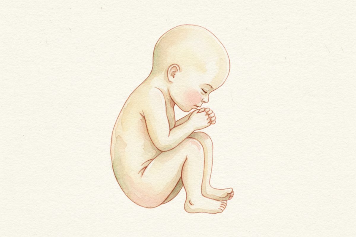 A warm watercolor illustration of a 39-week fetus
