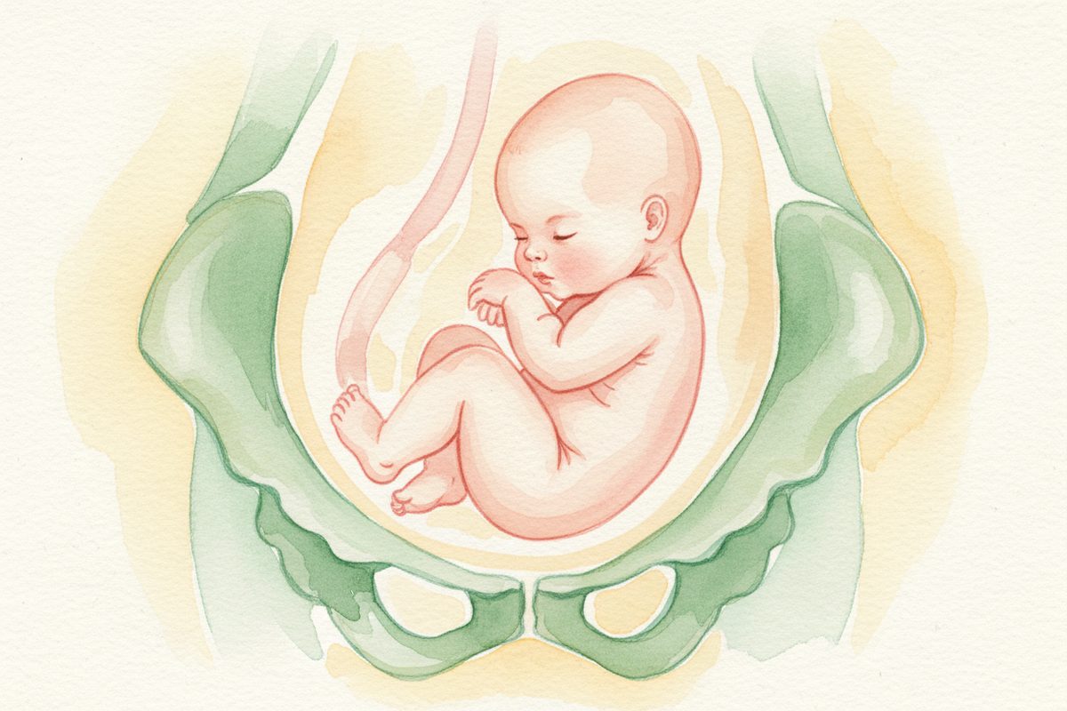 A warm watercolor illustration of a 40-week fetus