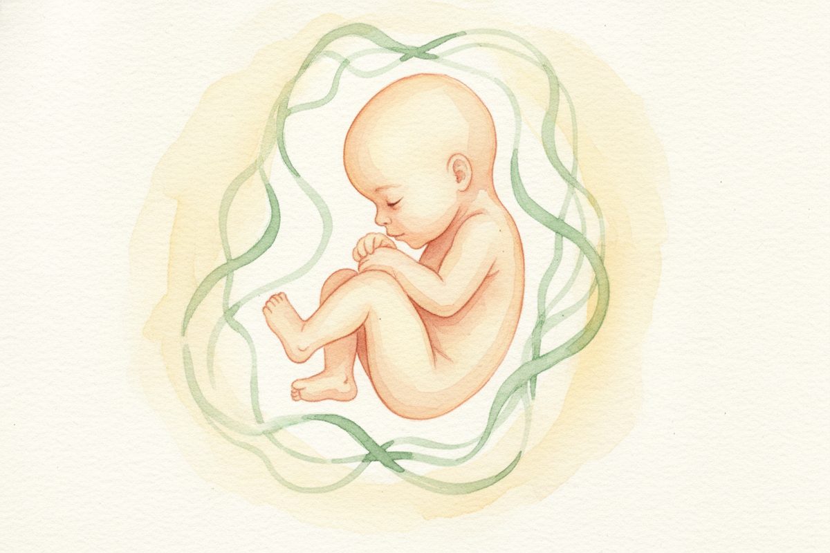 A warm watercolor illustration of a 41-week fetus
