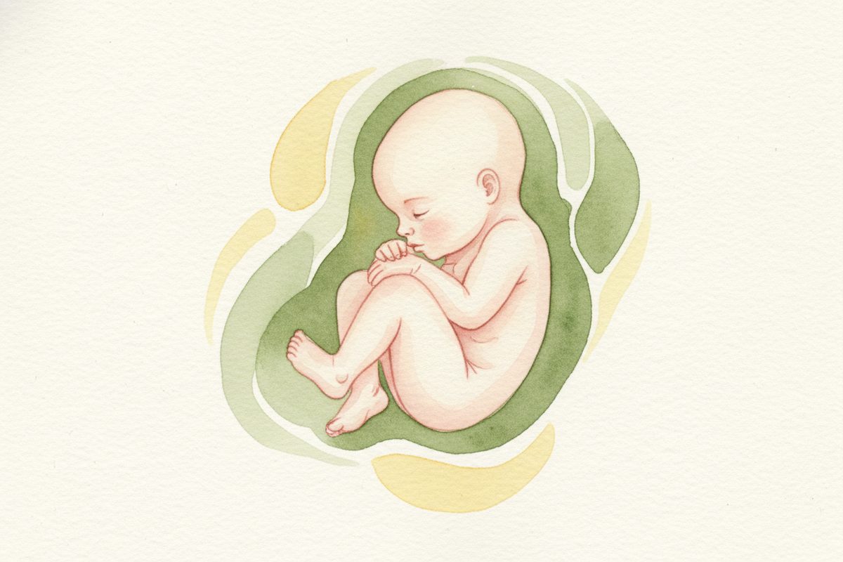 A warm watercolor illustration of a 42-week fetus