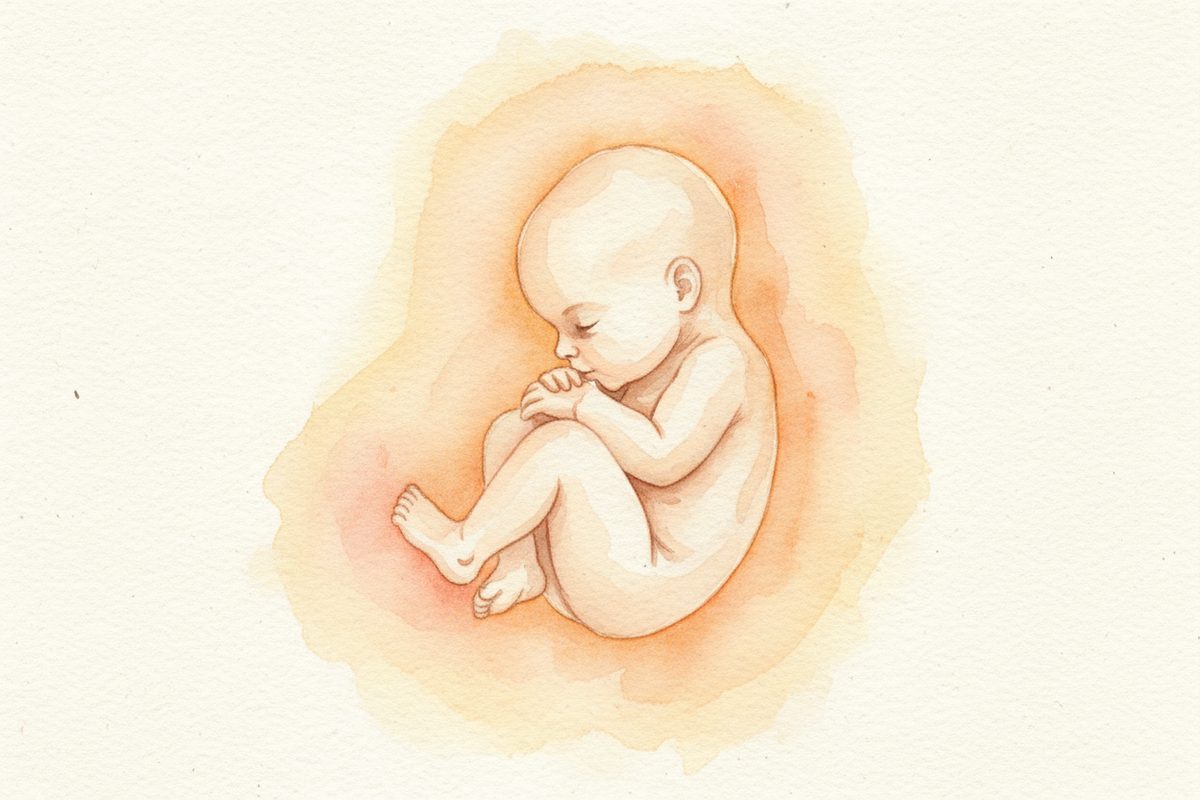 A warm watercolor illustration of a 43-week fetus