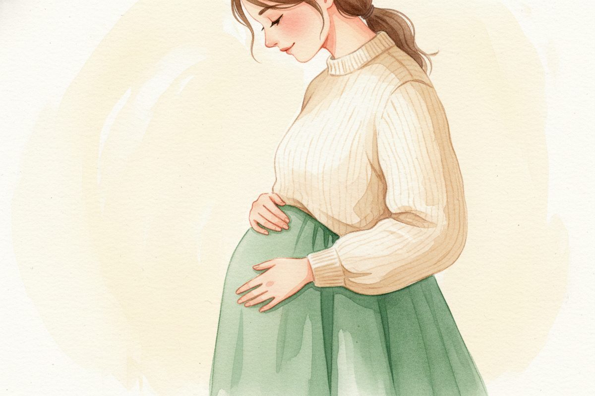 A warm watercolor illustration of week 16 of pregnancy