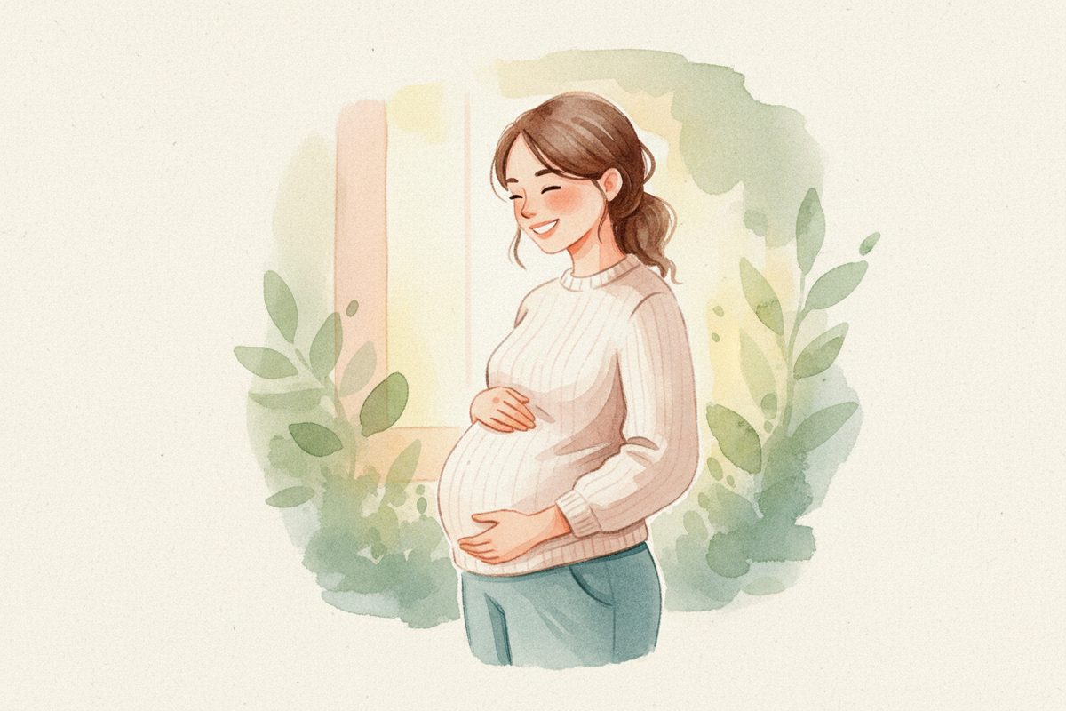 A warm watercolor illustration of week 20 of pregnancy
