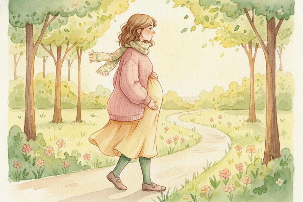 A warm watercolor illustration of week 21 of pregnancy