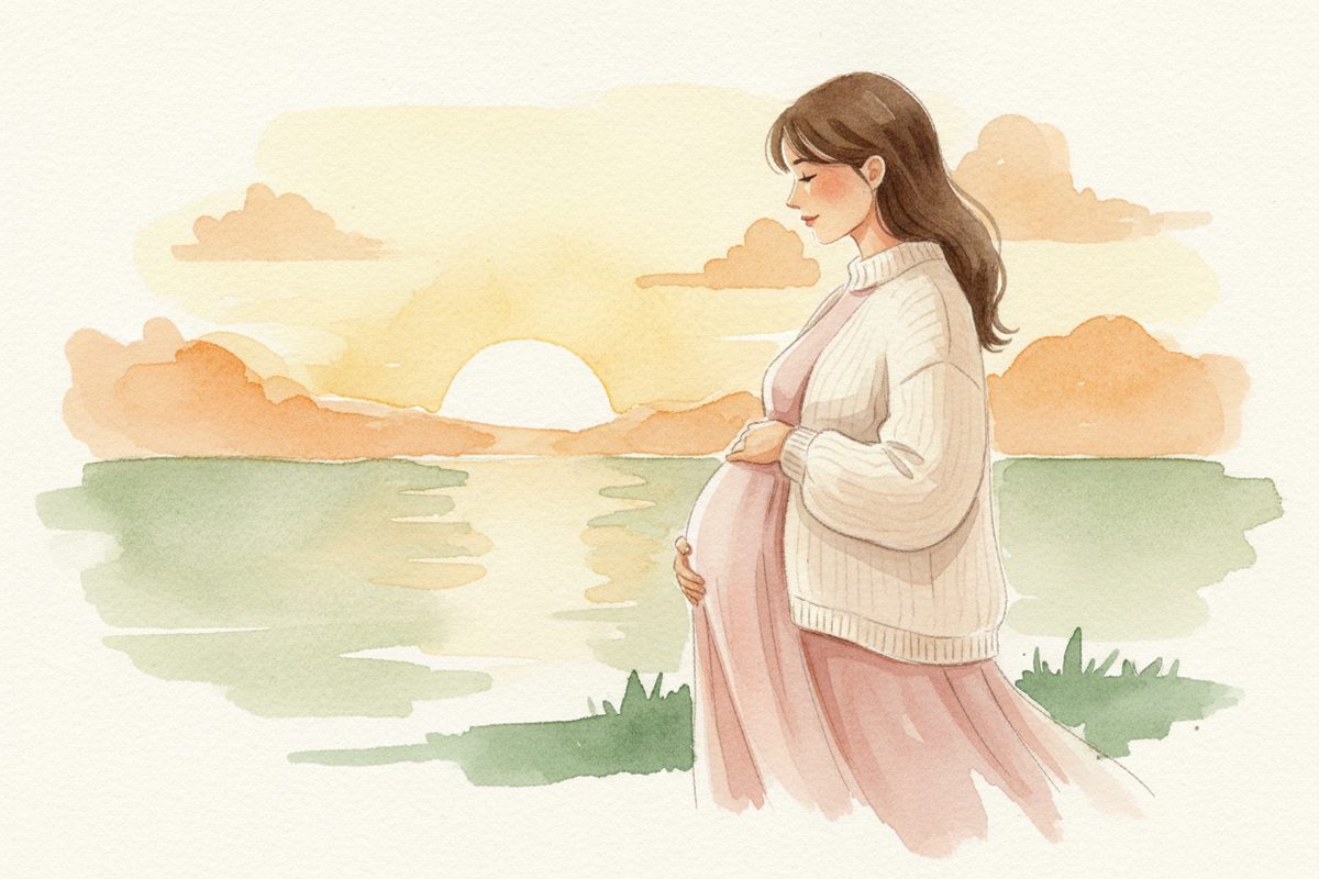 A warm watercolor illustration of week 24 of pregnancy