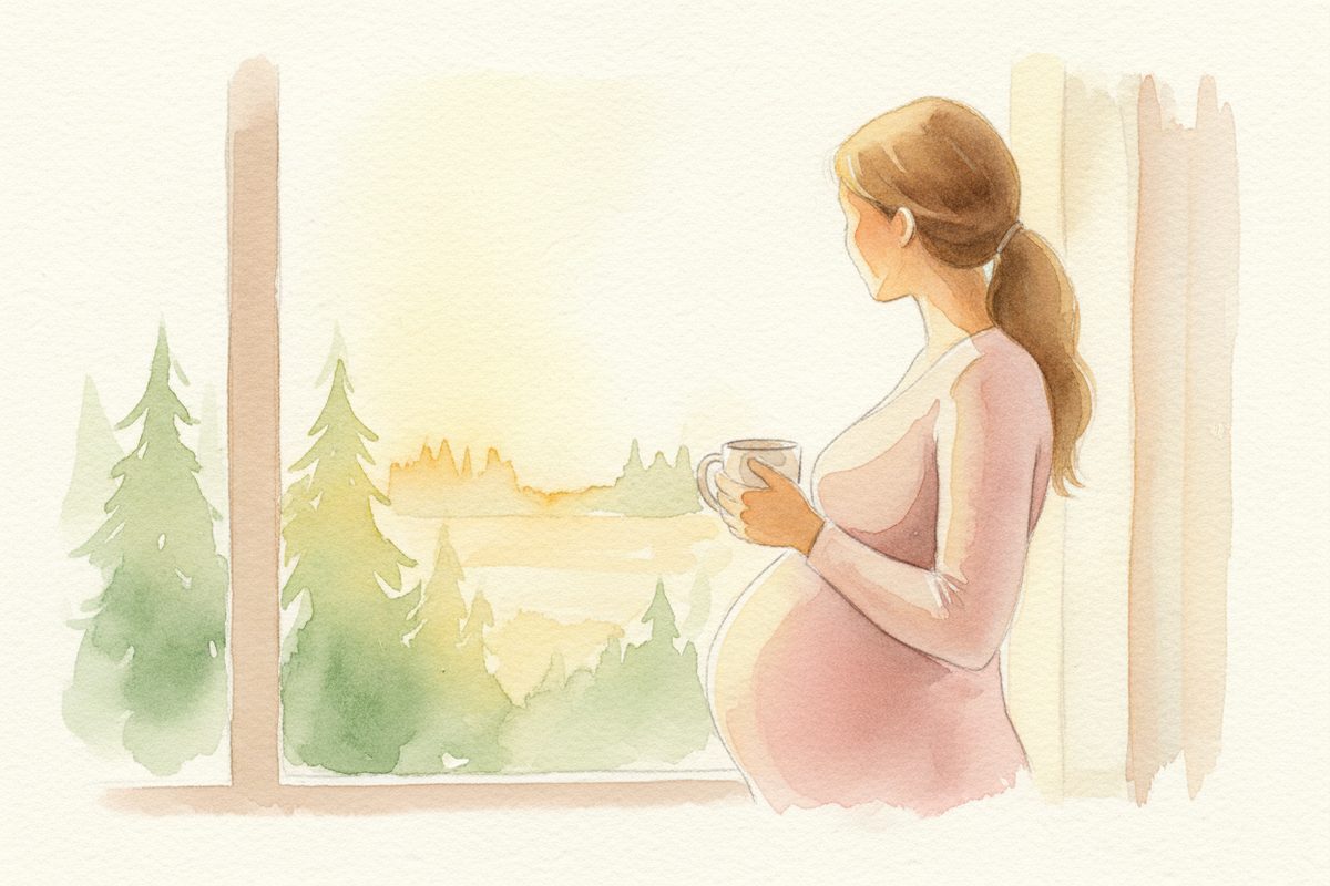 A warm watercolor illustration of week 28 of pregnancy