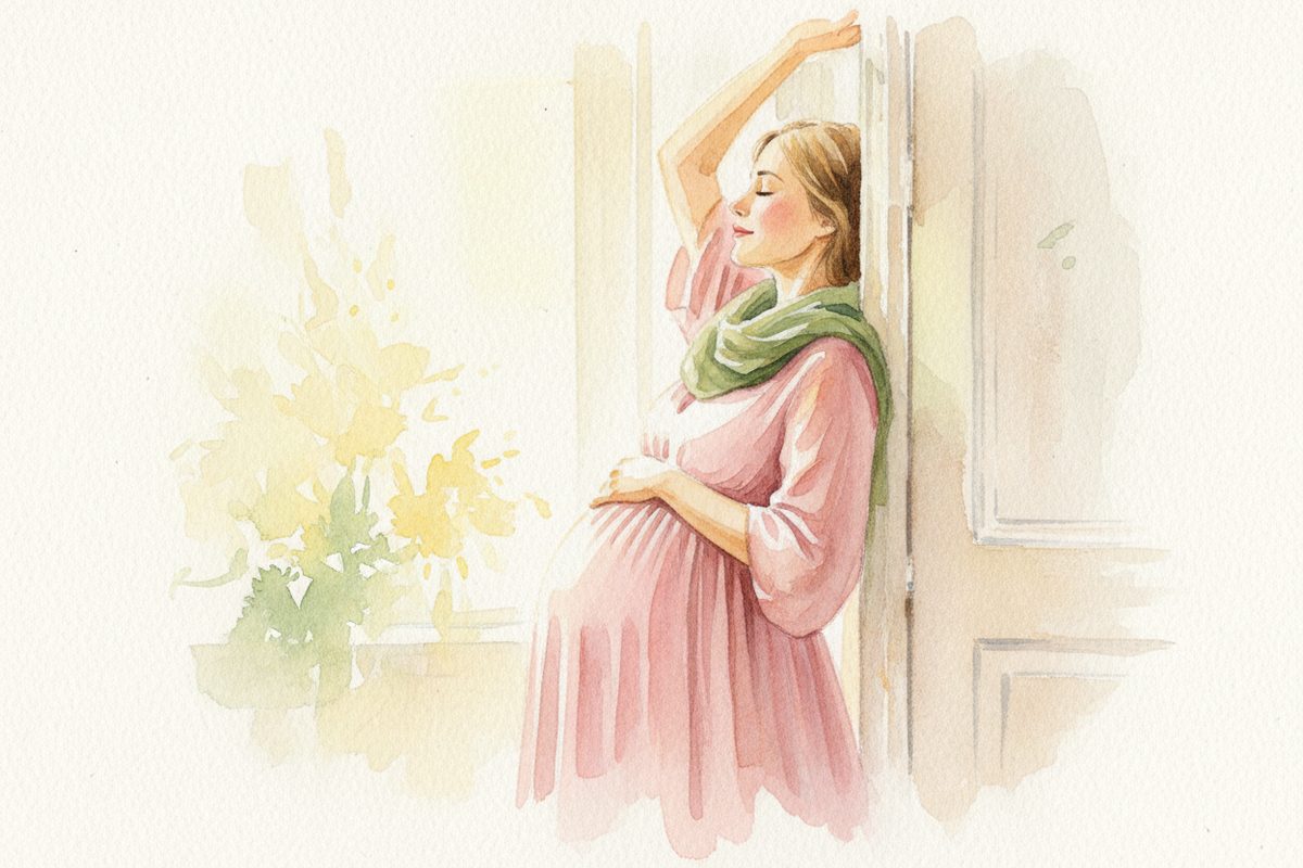 A warm watercolor illustration of week 35 of pregnancy