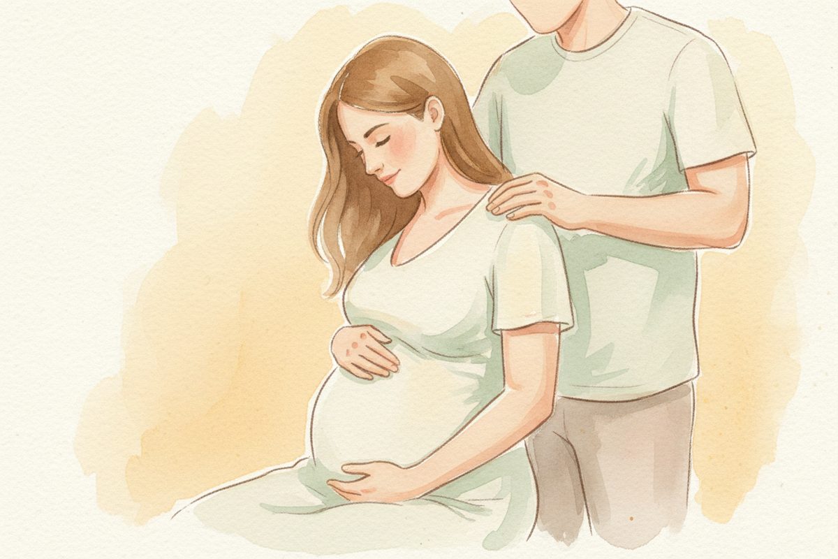A warm watercolor illustration of week 38 of pregnancy