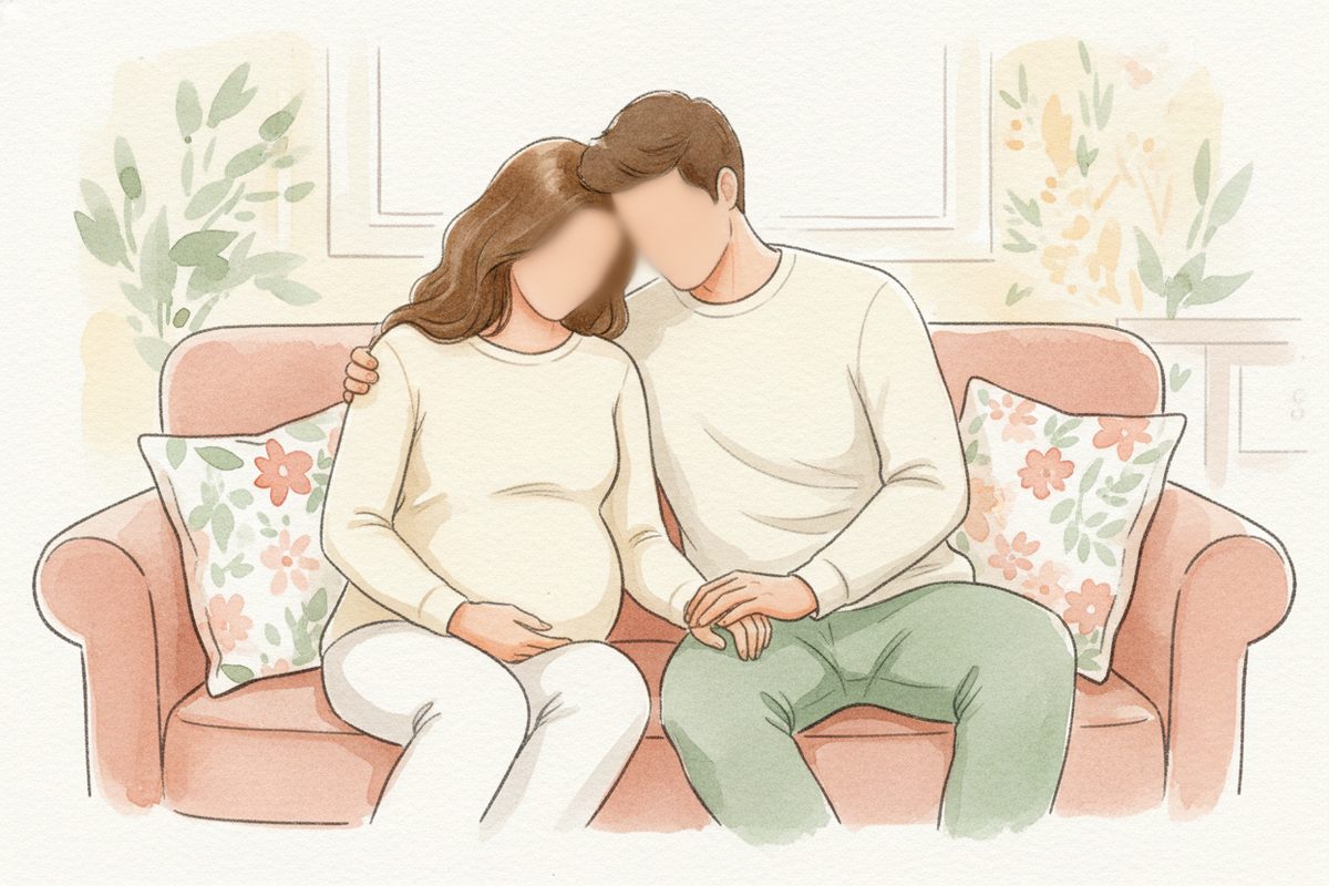 A warm watercolor illustration of week 40 of pregnancy