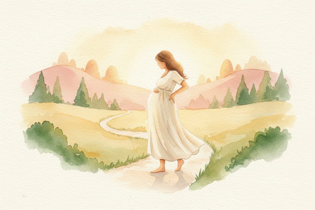 A warm watercolor illustration of week 41 of pregnancy