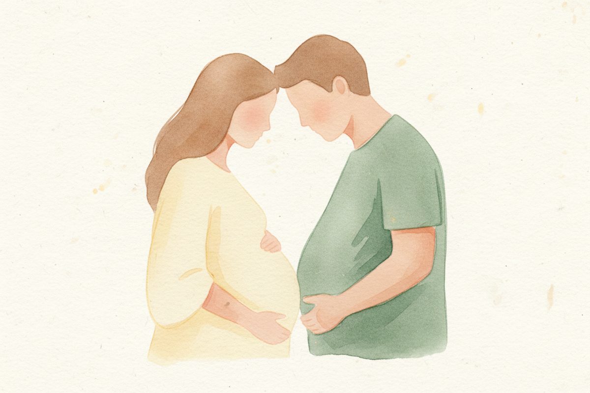 A warm watercolor illustration of week 43 of pregnancy